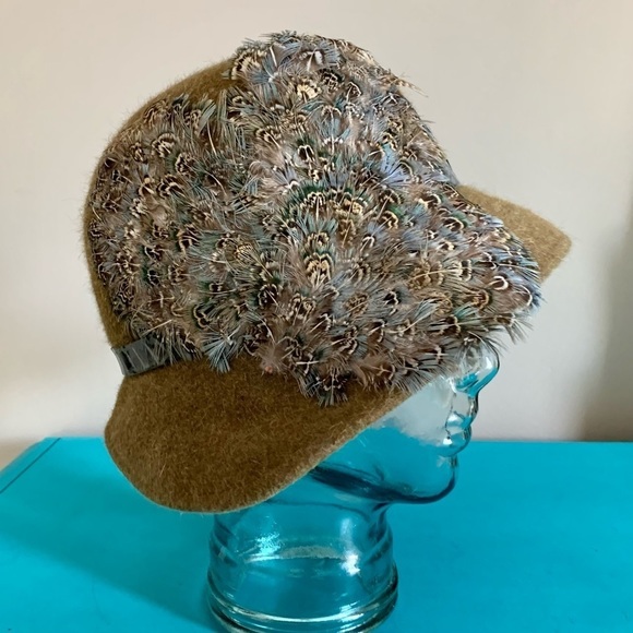 Gabriel Amar Frank Olive Brown Cloche Hat Feathers - Picture 2 of 7